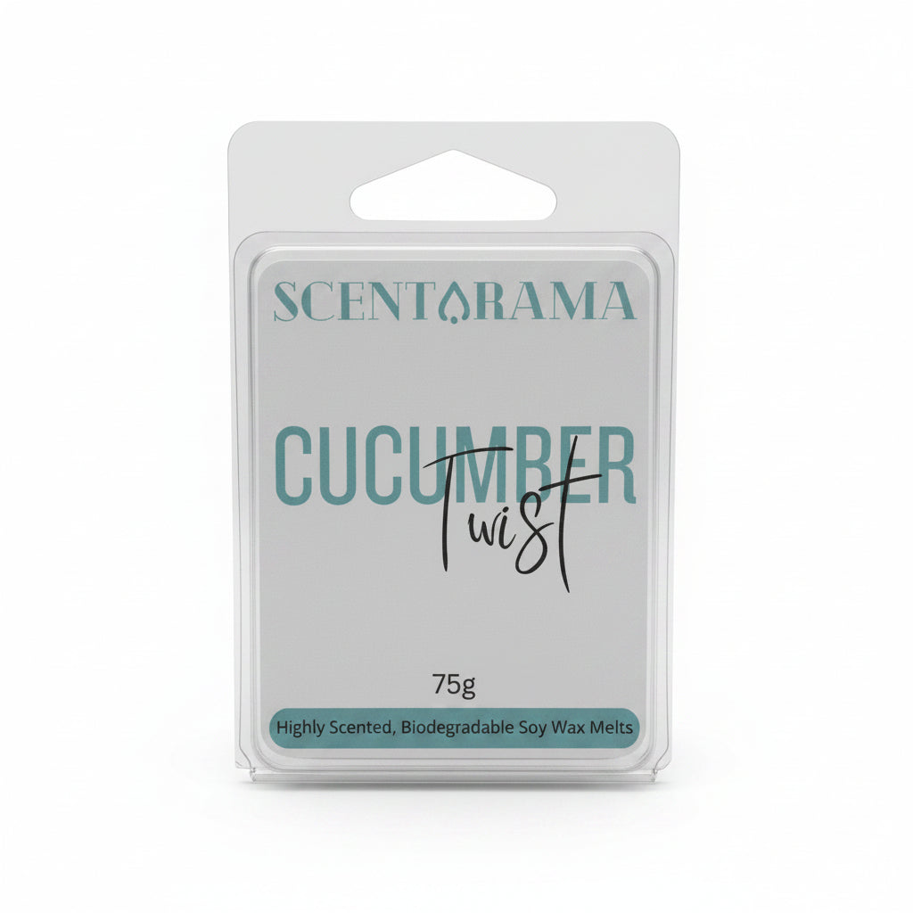 A 75g package of Scentarama Cucumber Twist soy wax melts in a clear plastic clamshell container with a white and light green label.