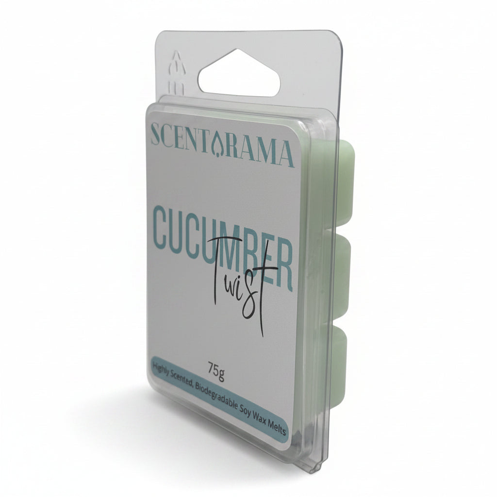 Scentarama Cucumber Twist 7.5g scented wax melts in a clear plastic clamshell package with a white and teal label.