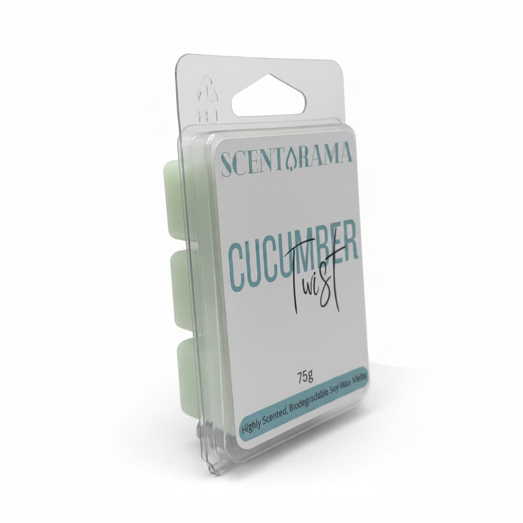A packaged Scentarama Cucumber Twist wax melt in a clear plastic clamshell package with a white label and light green wax melts visible inside, photographed on a neutral white background.