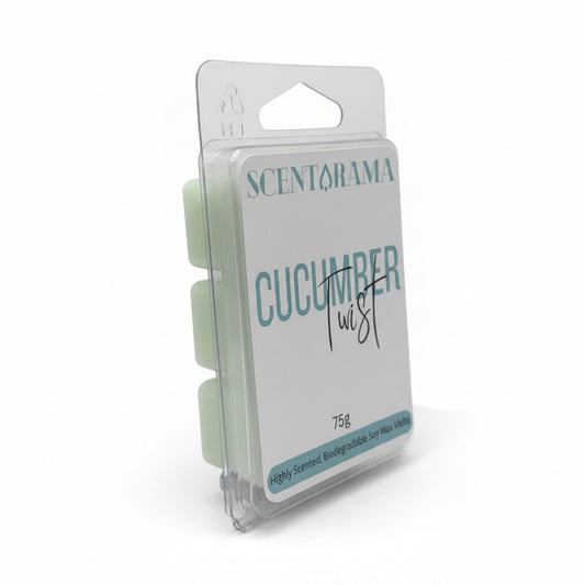 A packaged Scentarama Cucumber Twist wax melt in a clear plastic clamshell package with a white label and light green wax melts visible inside, photographed on a neutral white background.
