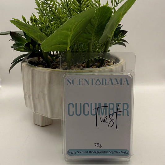 A Scentarama Cucumber Twist soy wax melt card in a clear plastic sleeve, positioned in front of a potted green plant on a white surface.