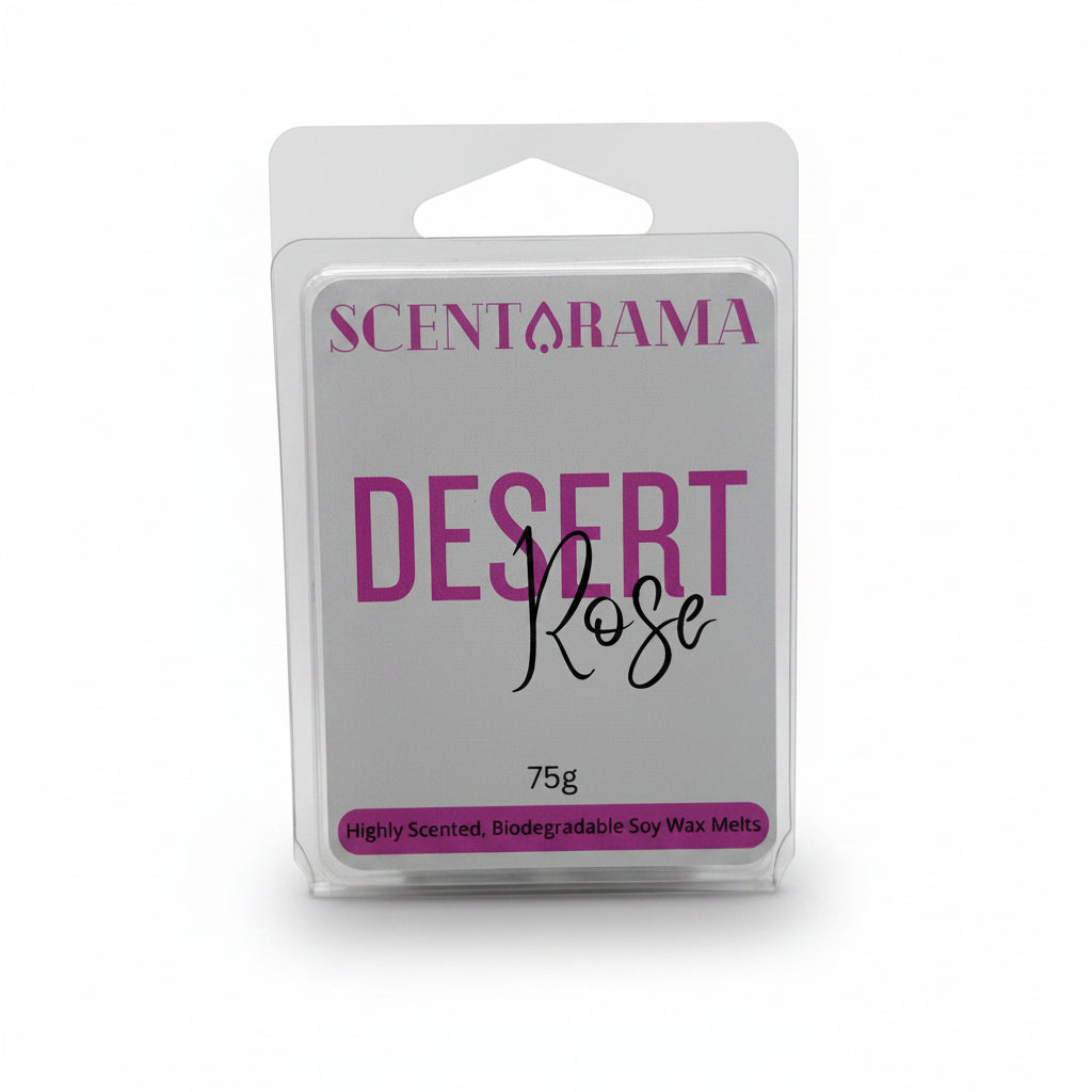 A 75g package of Scentarama Desert Rose soy wax melts in a clear plastic clamshell container with a white label and pink and black text.