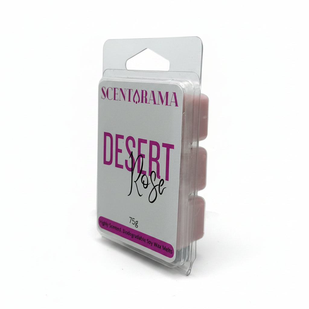 Scentarama Desert Rose 75g biodegradable soy wax melts in a clear plastic clamshell package with a white and magenta label.