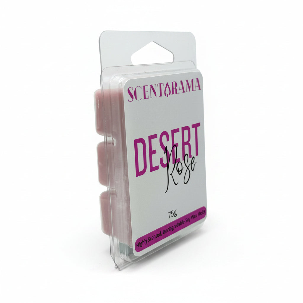 Scentarama Desert Rose scented wax melts in a clear plastic clamshell package with a white and magenta label.