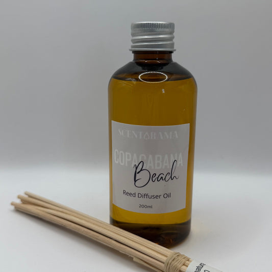 Bottle of Copacabana Beach Reed Diffuser Oil with reeds on a white background