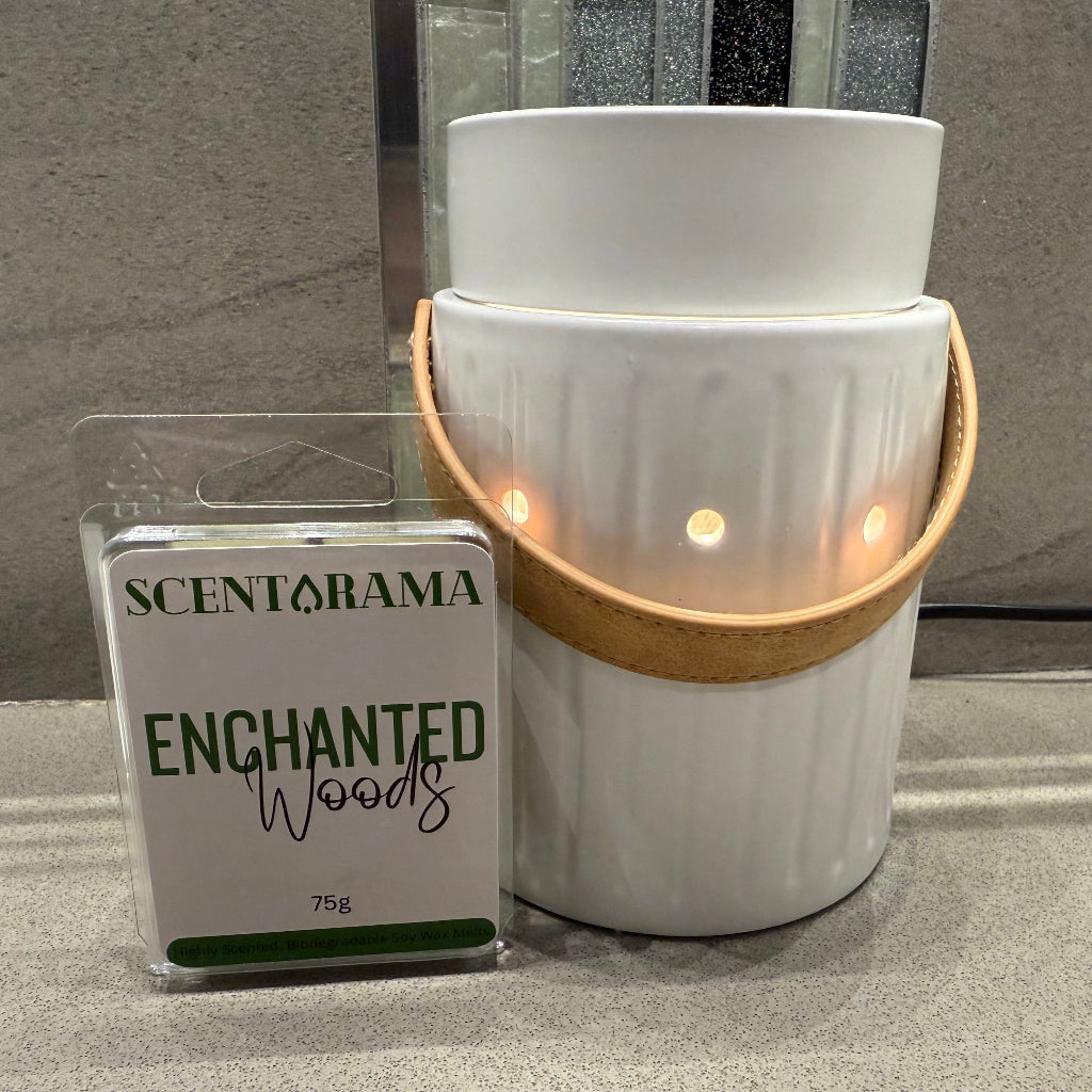 Enchanted wood soy wax melt product photo with leather handle wax melt warmer