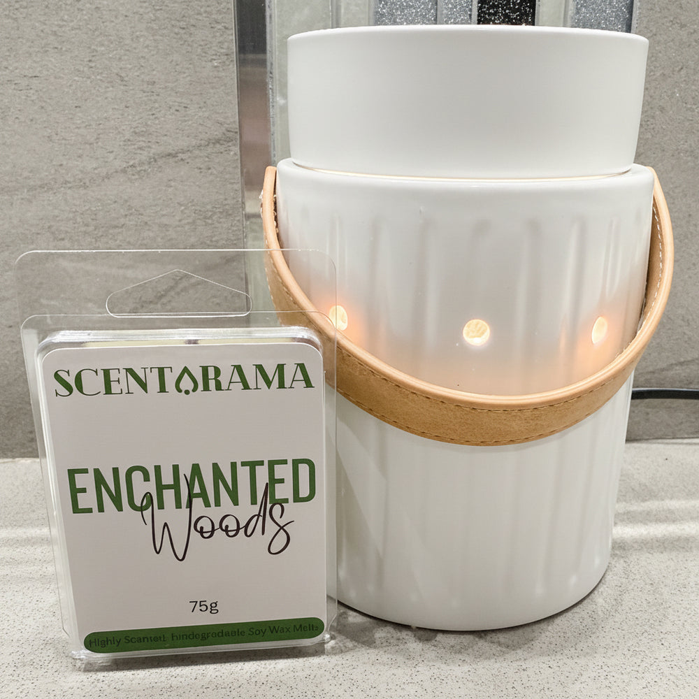 Enchanted wood soy wax melt product photo with leather handle wax melt warmer