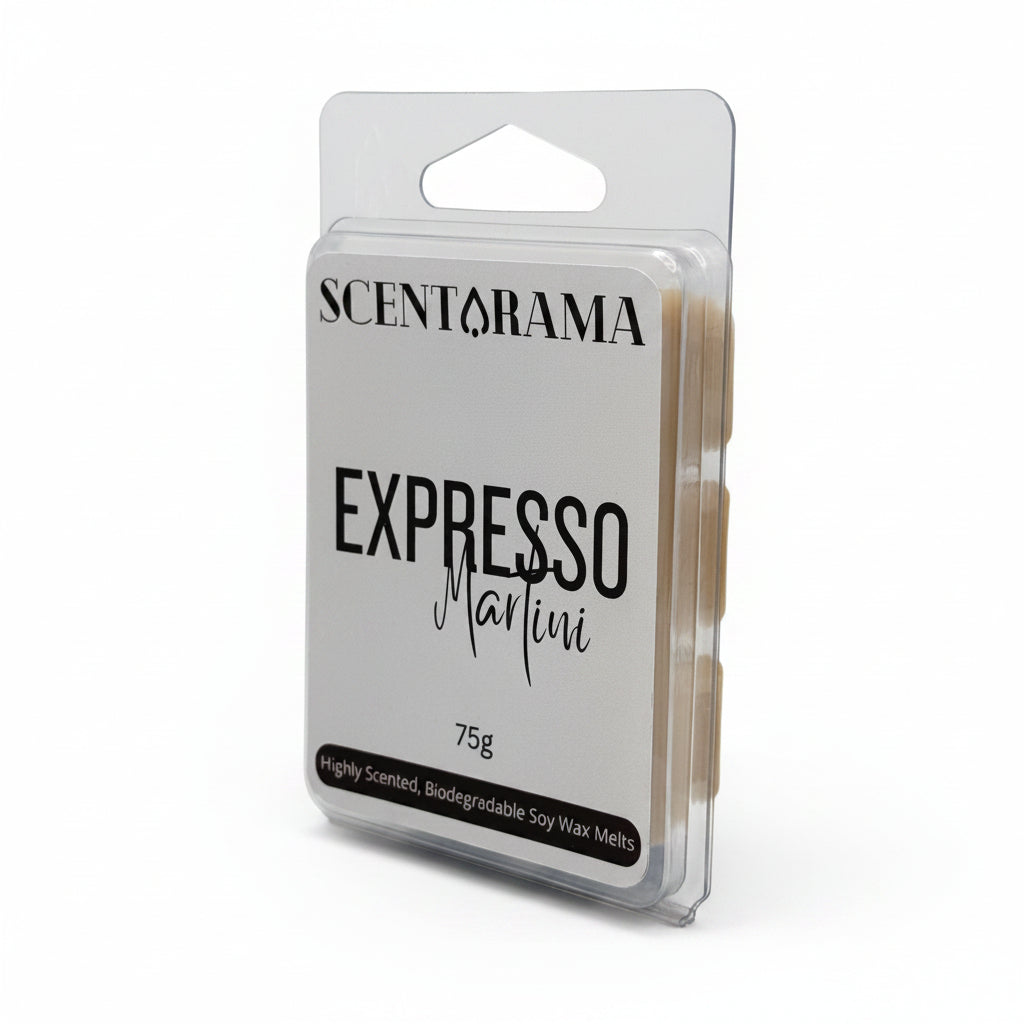 A 75g package of Scentarama Expresso Martini soy wax melts, featuring a clear plastic clamshell with a white label and beige wax melts visible inside, set against a neutral white background.