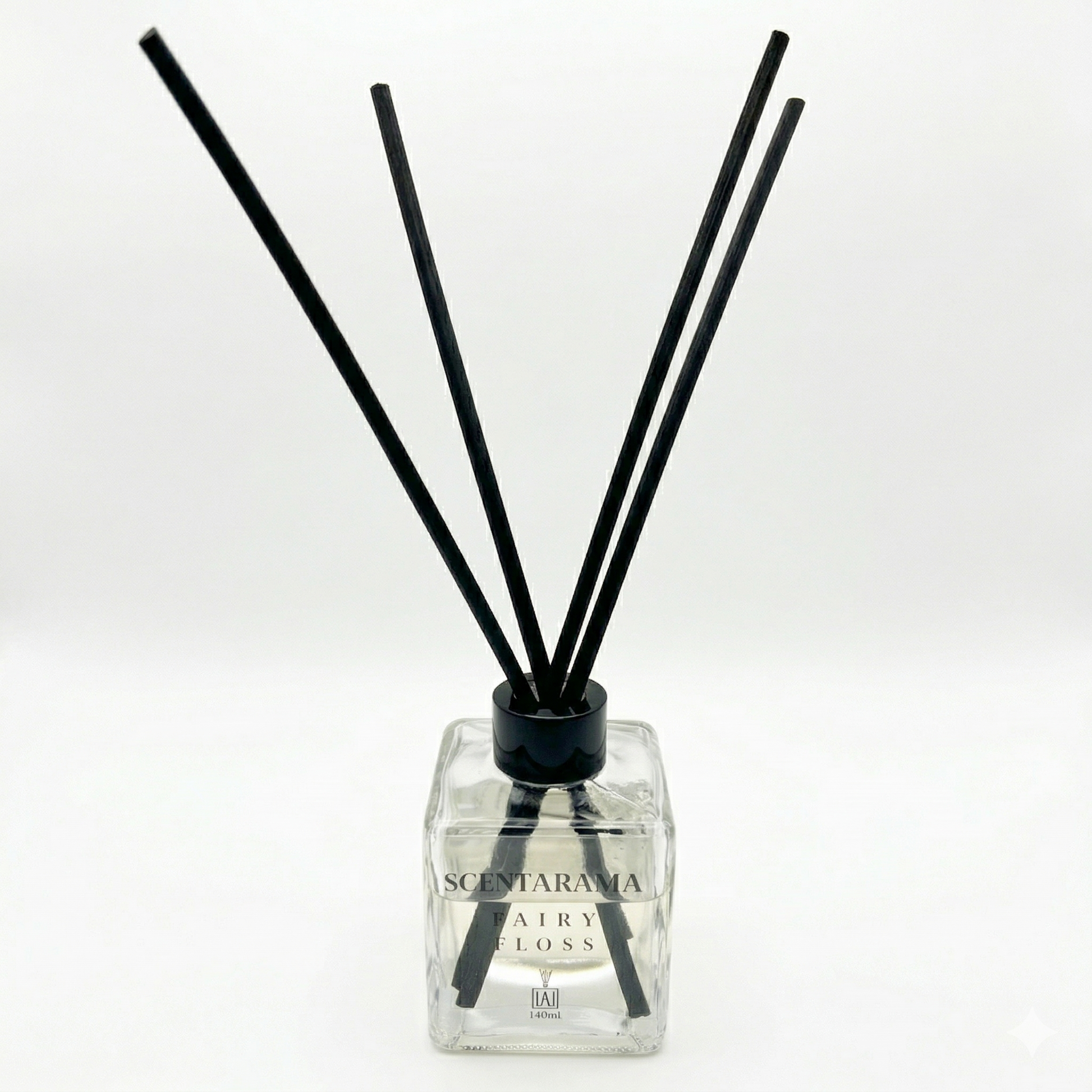 Scentarama Fairy Floss Reed diffuser with black sticks on a white background