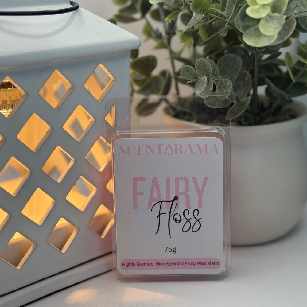 Lantern with a Scentarama 'Fairy Floss’ Wax Melts product and a plant in the background