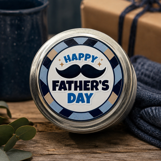 A round jar lid with a 'Happy Father's Day' graphic, displayed on a rustic wooden surface alongside a navy blue mug, a brown gift box, and a navy blue knit sweater.