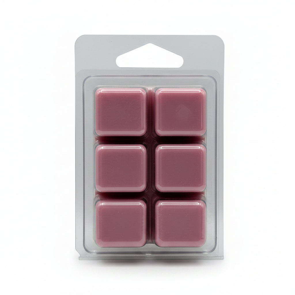 Six square pink wax melts Figgy Pear Scent by Scentarama in a clear plastic clamshell package with a hanger tab, photographed against a light gray background.