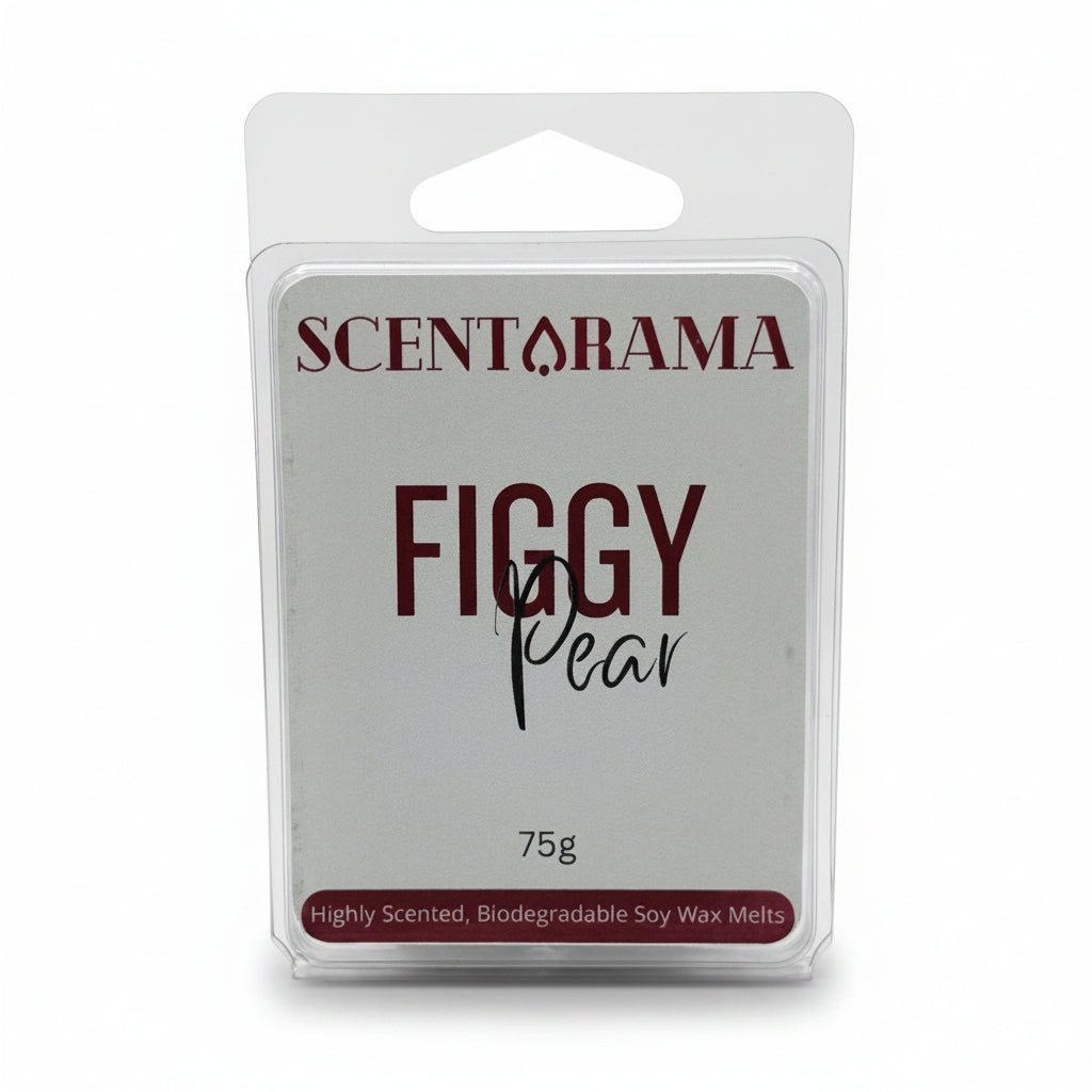 A 75g package of Scentarama Figgy Pear scented soy wax melts in a clear plastic clamshell container with a white label.