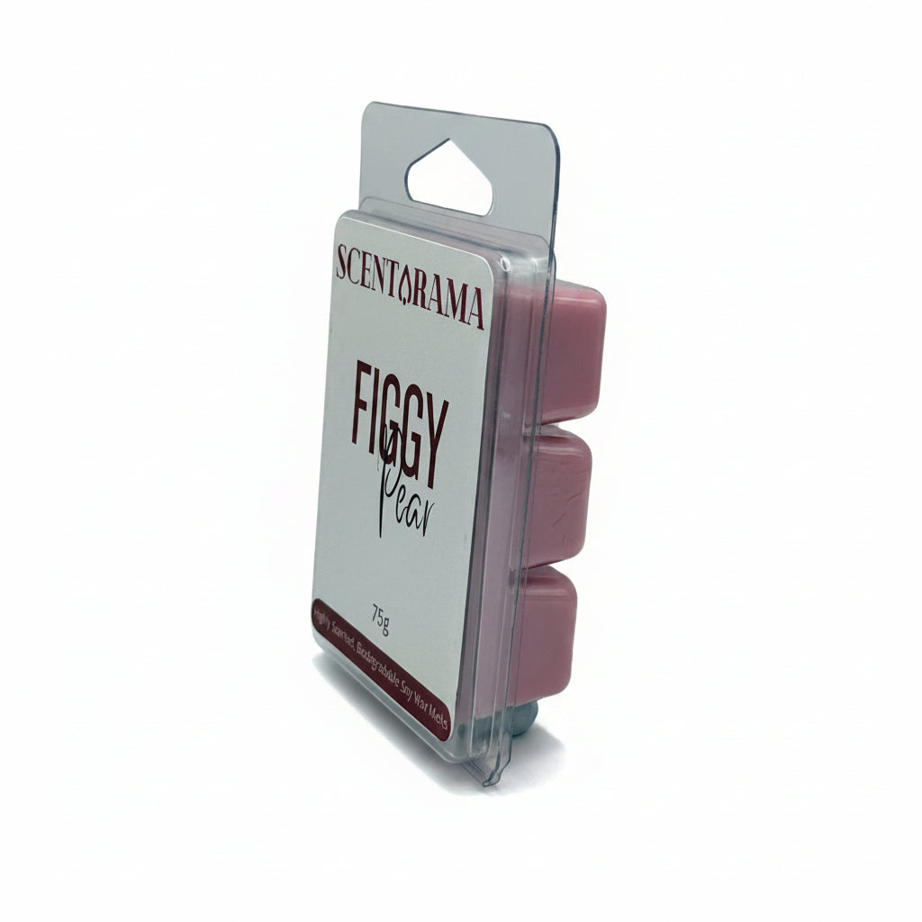 Scentarama Figgy Pear wax melts in a clear plastic clamshell package with a white label, showing three pink wax cubes inside.