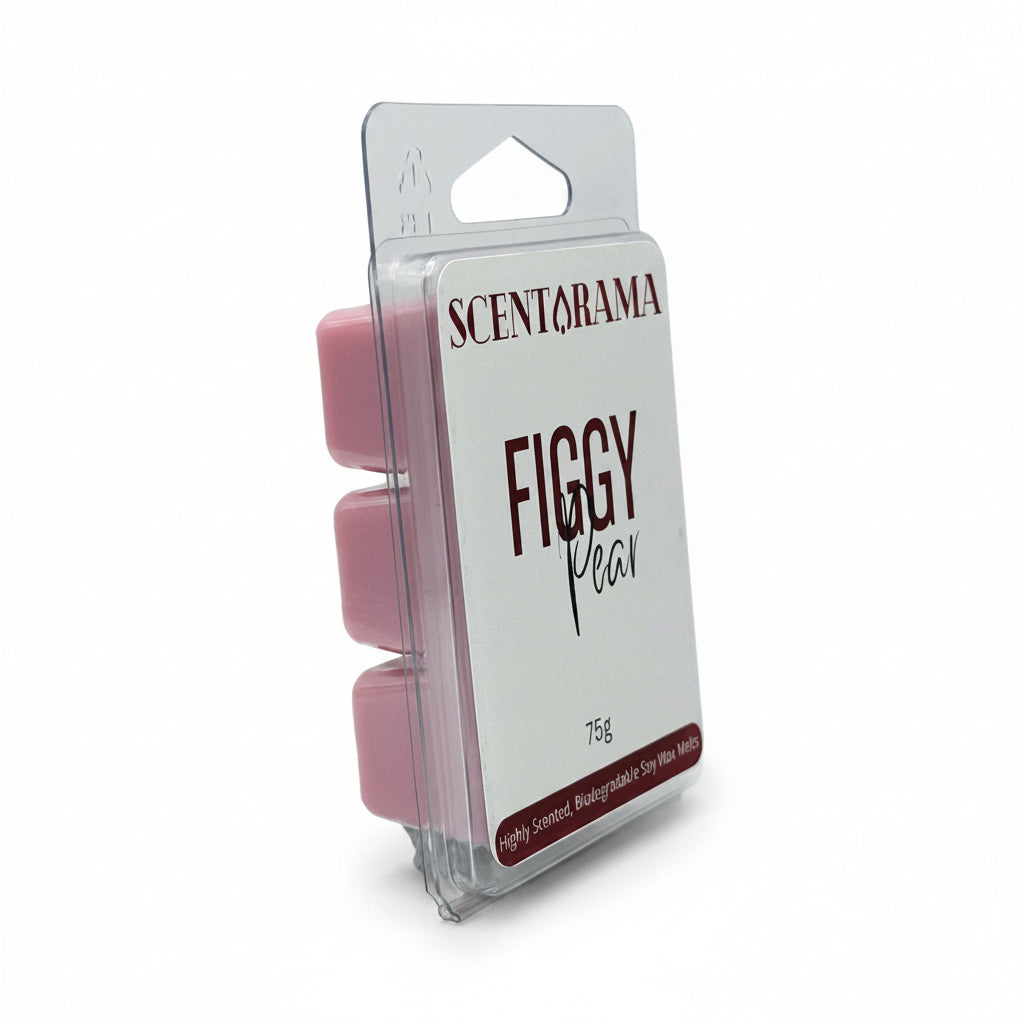 A packaged wax melt from Scentarama in the 'Figgy Pear' scent, featuring three pink wax melts in a clear plastic clamshell package with a white paper insert.