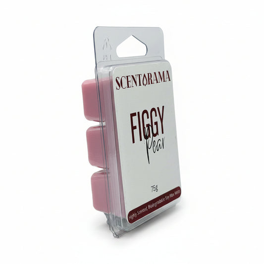A packaged wax melt from Scentarama in the 'Figgy Pear' scent, featuring three pink wax melts in a clear plastic clamshell package with a white paper insert.