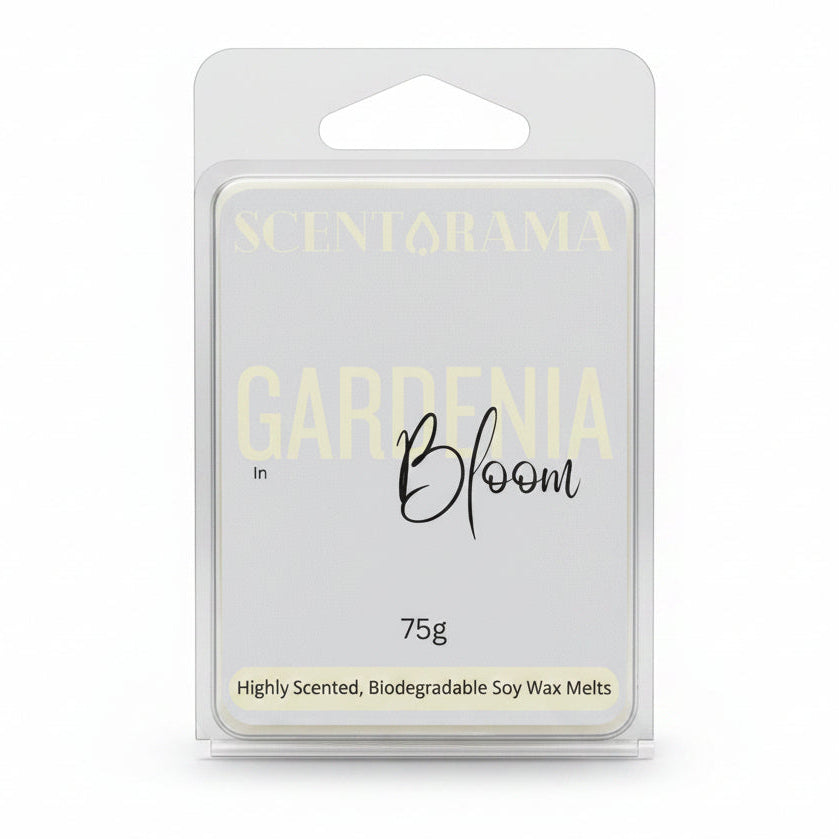 A 75g package of Scenarama Gardenia in Bloom soy wax melts in a clear plastic clamshell container, set against a plain light white background.