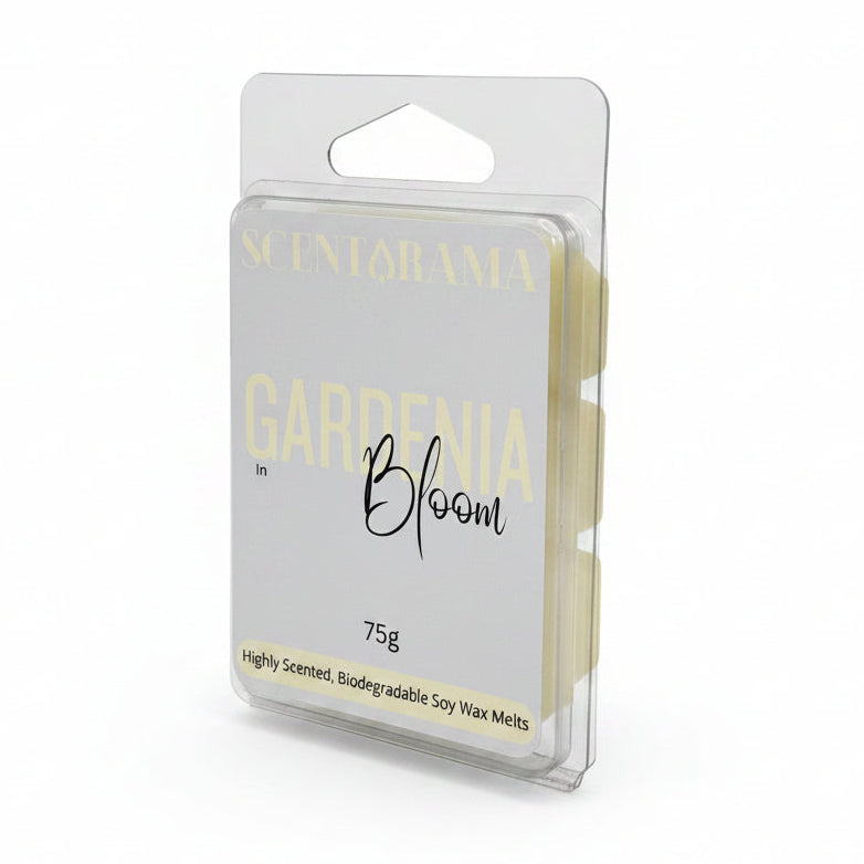A 75g package of Scentarama Gardenia in Bloom scented soy wax melts in a clear plastic clamshell container with a white label and yellow text.