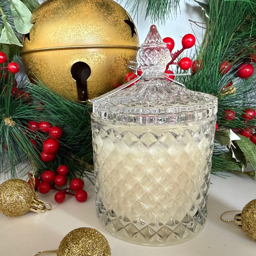 Clear Geo Styled Candle Jar in Christmas home fragrances in a Christmas setting