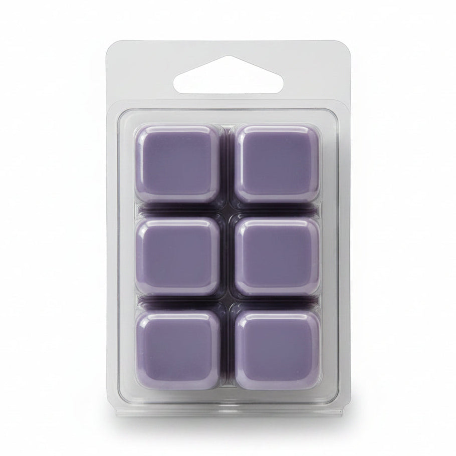 Six square lavender-colored Grape Bubbilicious wax melts by Scentarama in a clear plastic clamshell package with a hanger tab, photographed against a plain light gray background.