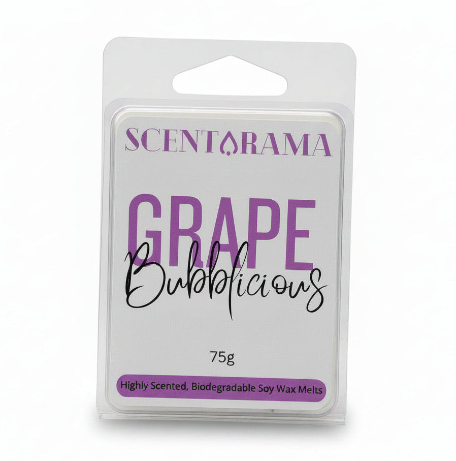 A 75g package of Scentarama Grape Bubblicious soy wax melts in a clear plastic clamshell container with a white and purple label.