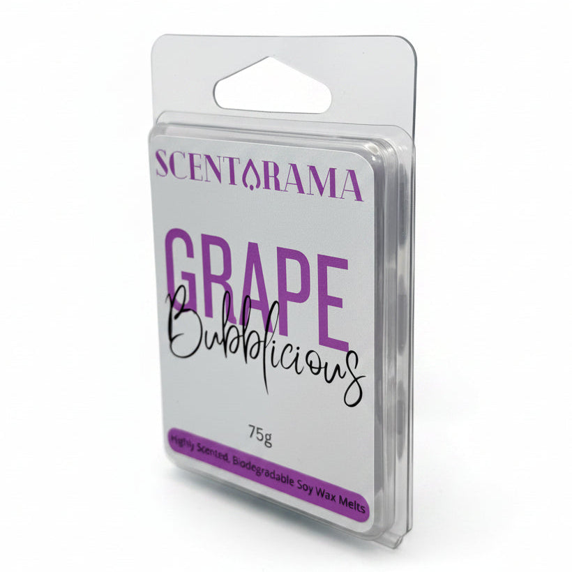 A package of Scentarama Grape Bubblicious 75g soy wax melts in a clear plastic clamshell container with a white and purple label.