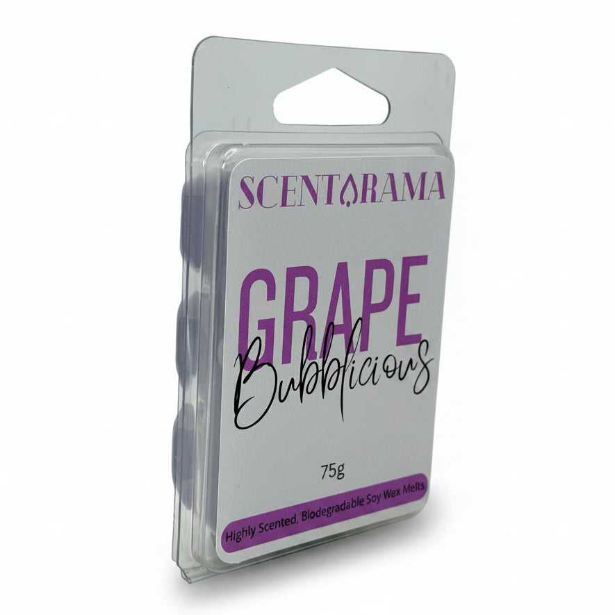 A packaged Scentarama Grape Bubblicious scent card, containing 75g of biodegradable soy wax melts, shown in a clear plastic clamshell package against a light gray background.
