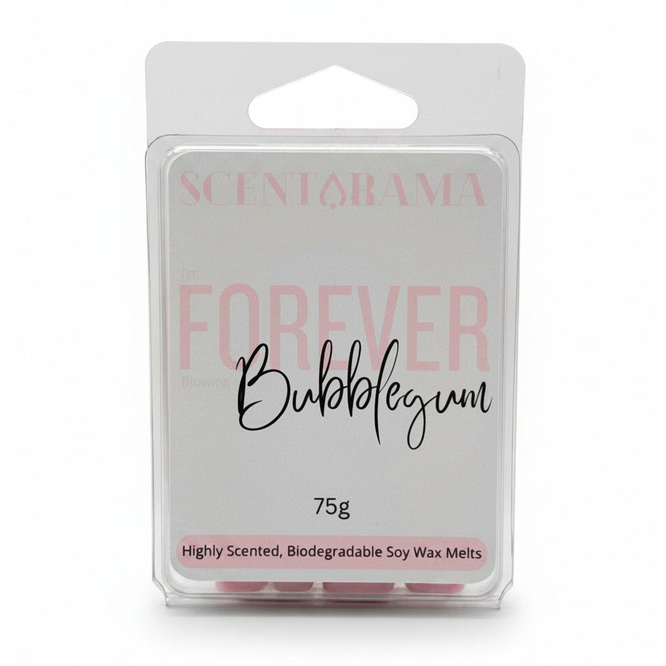A 75g package of Scentarama I'm Forever Blowing Bubblegum soy wax melts in a clear plastic clamshell container with a white and pink label.
