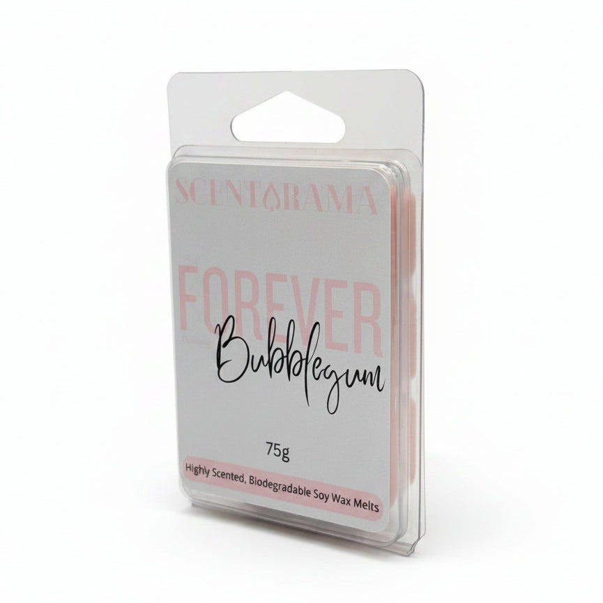 A 75g package of Scentarama I'm Forever Blowing Bubblegum soy wax melts in a clear plastic clamshell container, set against a plain light gray background.
