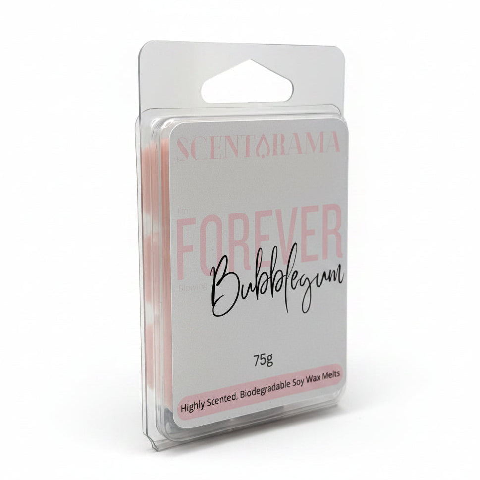 A 75g package of Scentarama I'm Forever Blowing Bubblegum soy wax melts in a clear plastic clamshell container, set against a plain light gray background.