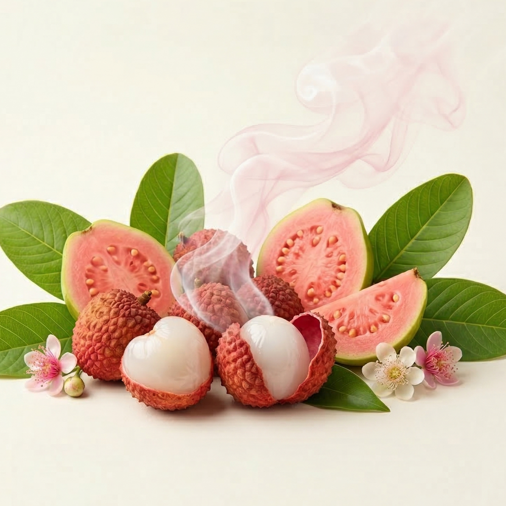 Fruit arrangement with lychees, guava, and leaves on a light background