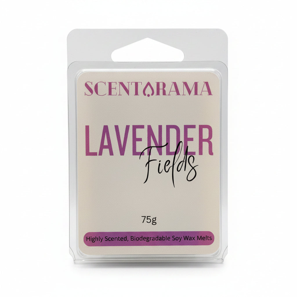 Scentarama Lavender Fields soy wax melts in a clear plastic clamshell package with a cream-colored label and purple text, set against a neutral gray background.