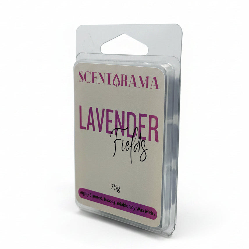 A 75g package of Scentarama Lavender Fields scented soy wax melts in a clear plastic clamshell container, set against a neutral gray background.