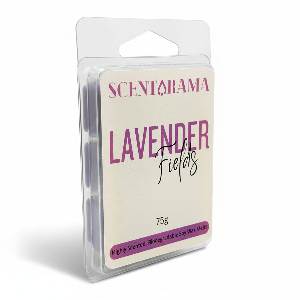 A single wax melt package from Scentarama in the 'Lavender Fields' scent, containing 75g of highly scented, boding notable soy wax melts. The product is in a clear plastic clamshell package with a cream-colored label featuring purple and black text, set against a plain light white background.