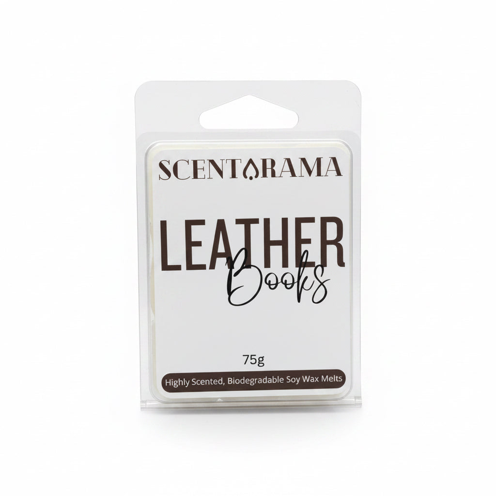Scentarama Soy wax melt packaging labeled 'Leather Books' on a white background