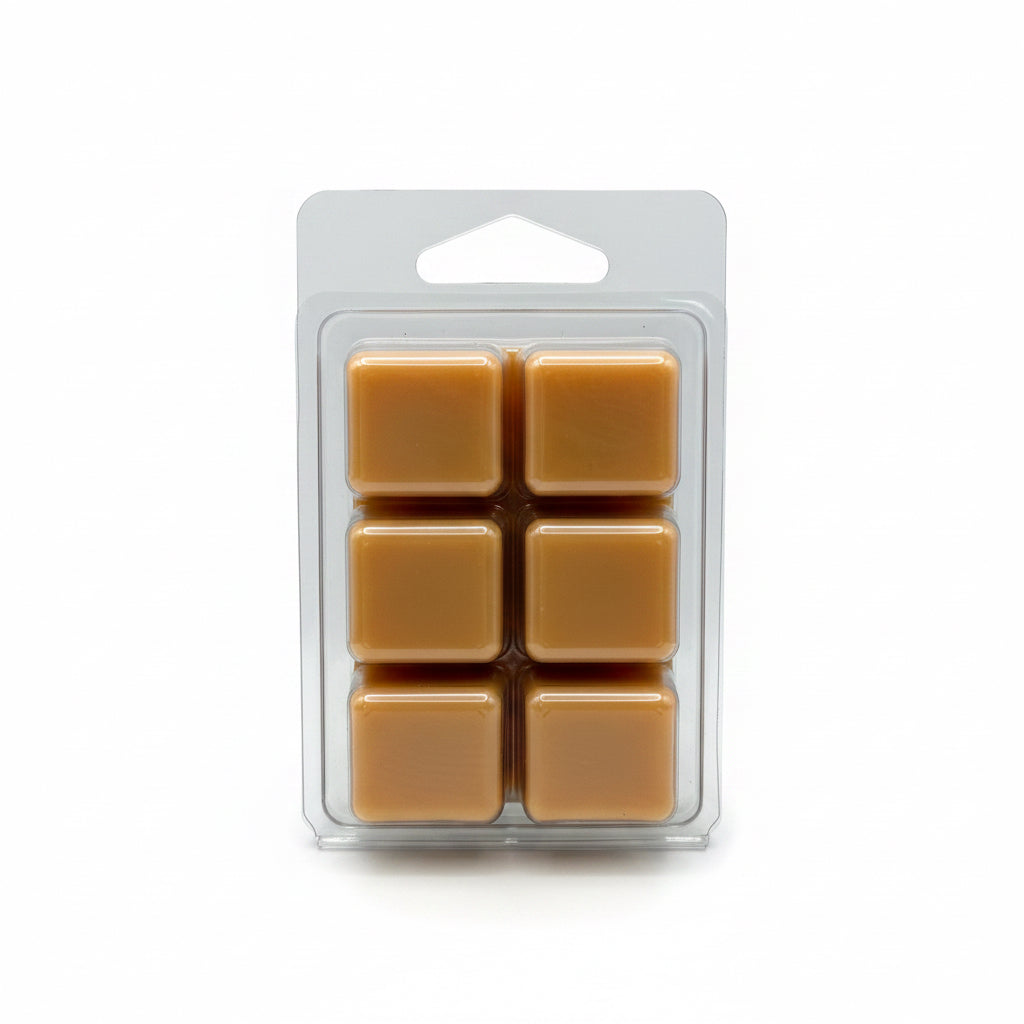 Pack of six square wax melts in a clear plastic packaging on a white background