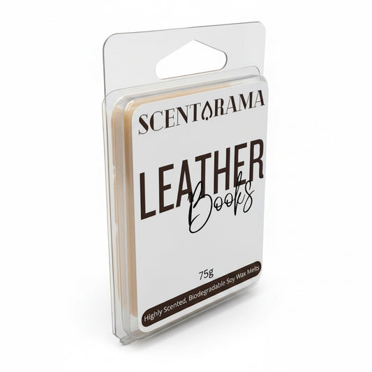 Scentarama leather book packaging soy wax melts on a white background