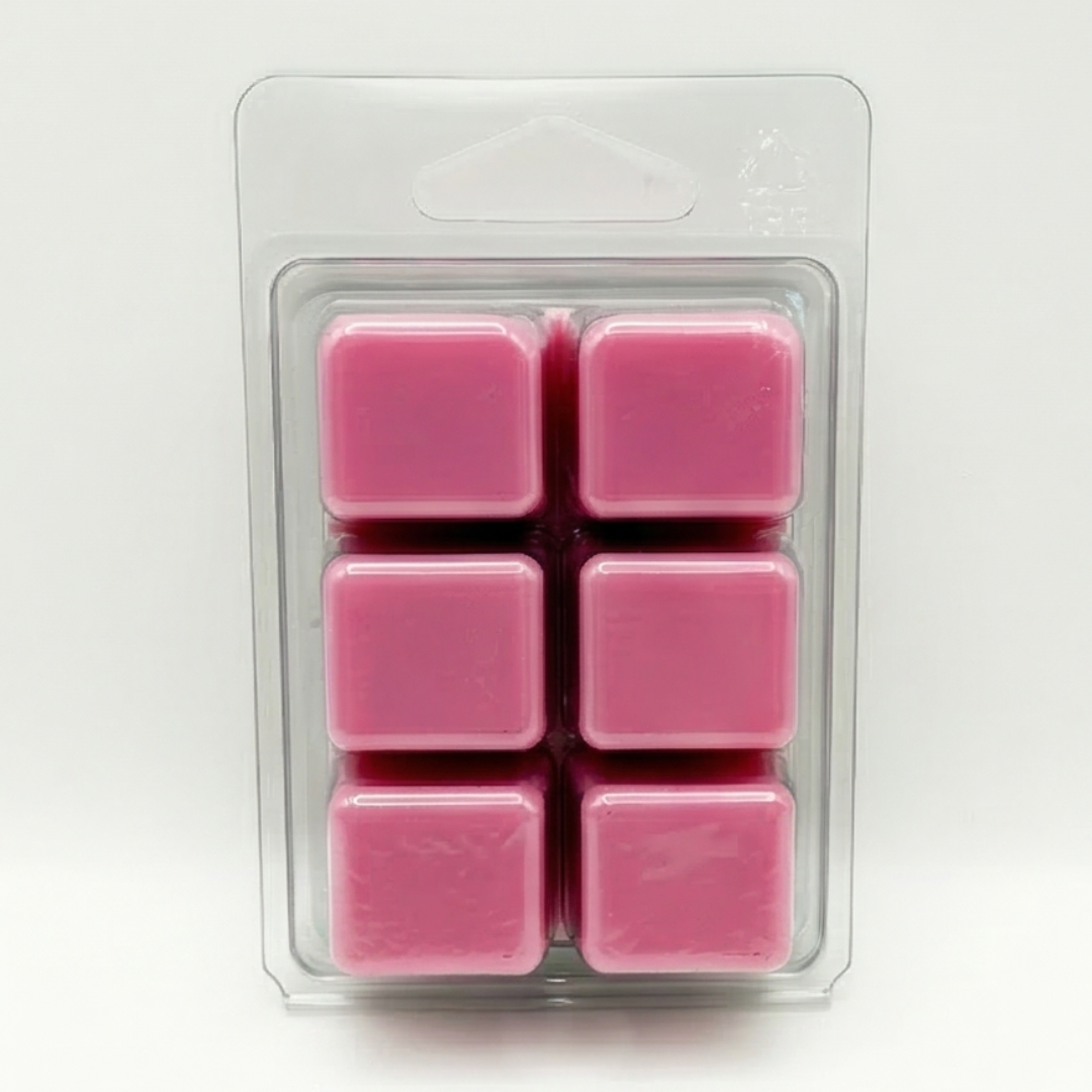Scentarama Lychee and Guava Pink wax melts in a clear plastic packaging on a white background