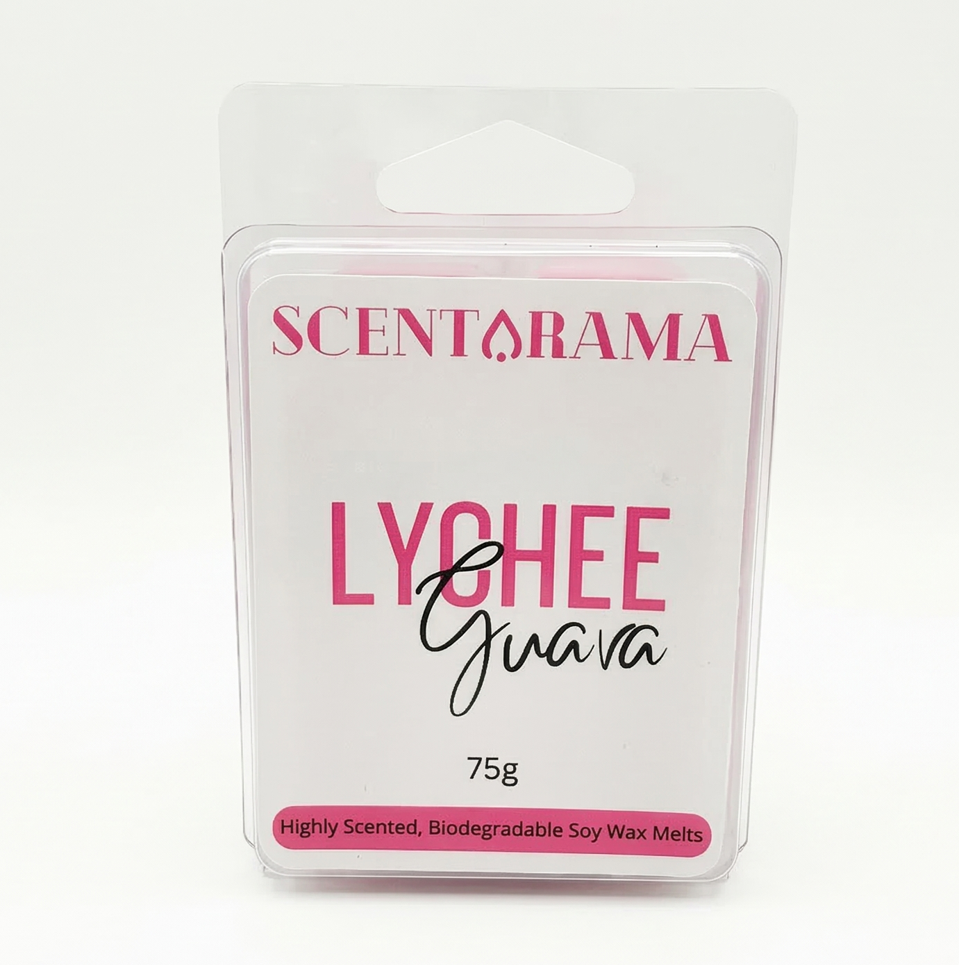 Lychee & Guava Clamshell wax melt on white background