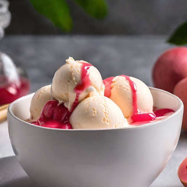 Lychee and Guava AI Image of Ice cream with coulis drizzle to depict the wax melt scent