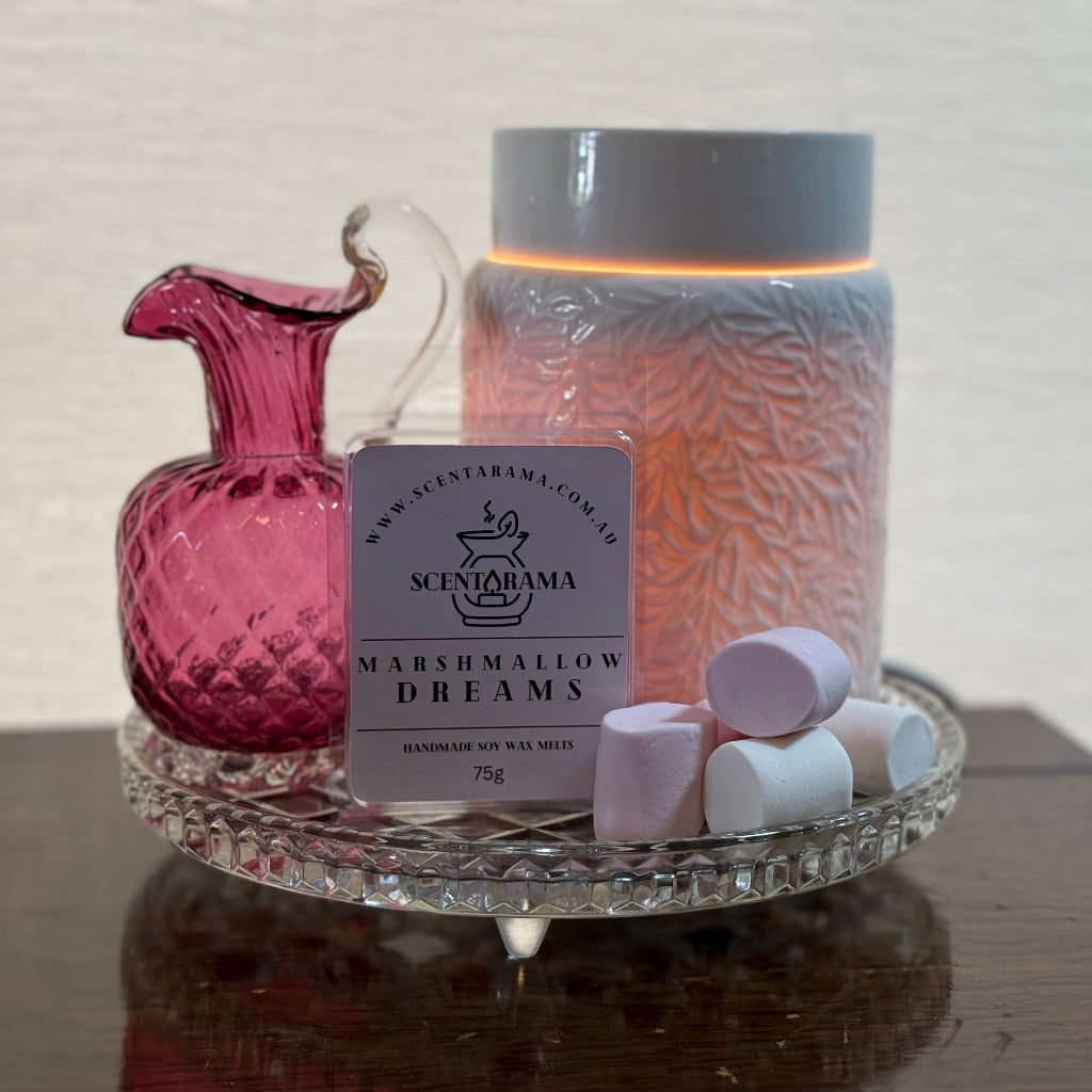 Marshmallow Dreams Soy Wax Melts Clamshell image with wax warmer and decorative jug in image