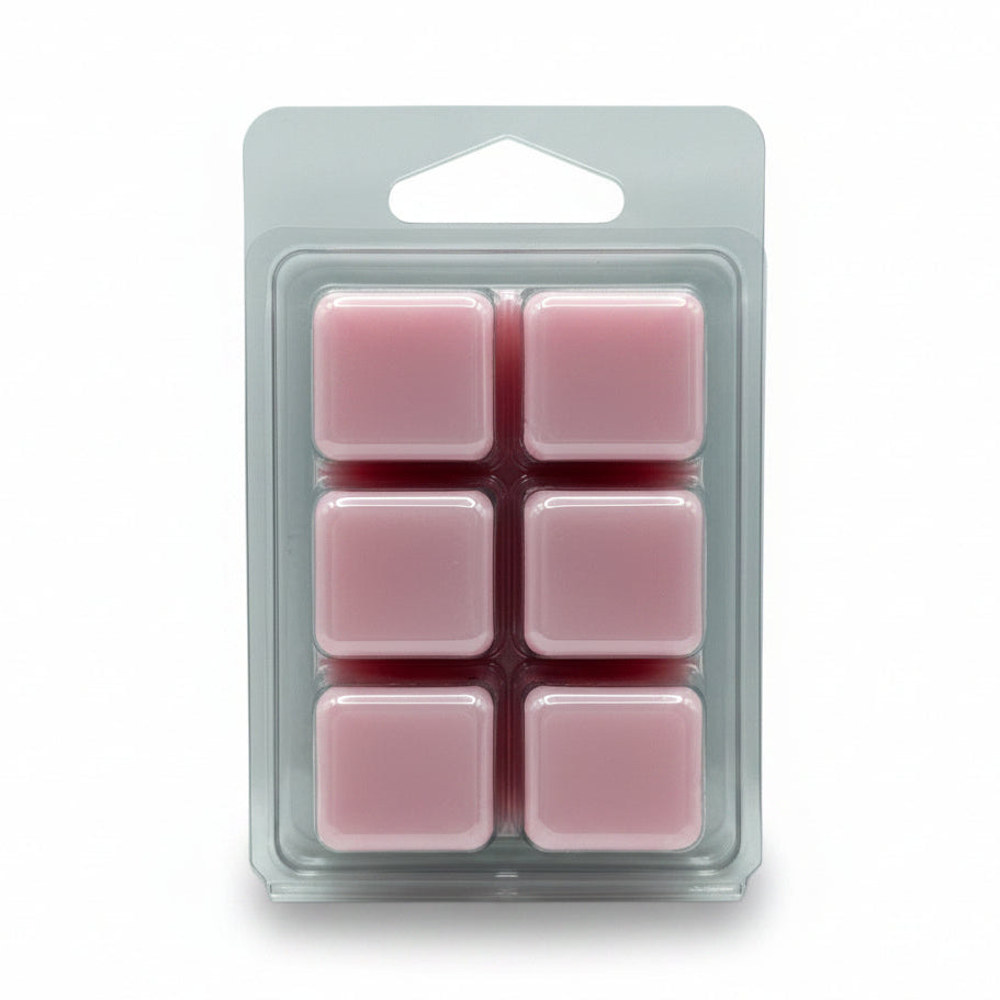 Six pack of Scentarama Clamshell Marshmallow Dreams pink wax melts in a clear plastic clamshell package with a hanger tab, photographed against a light gray background.