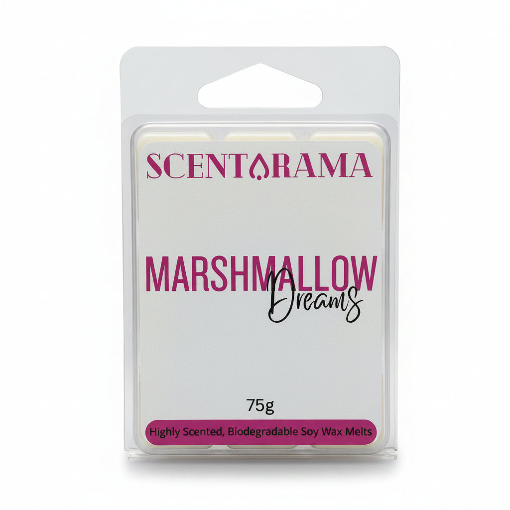 Scentarama Marshmallow Dreams soy wax melts in a clear plastic clamshell package with a white insert card, photographed against a neutral light gray background.