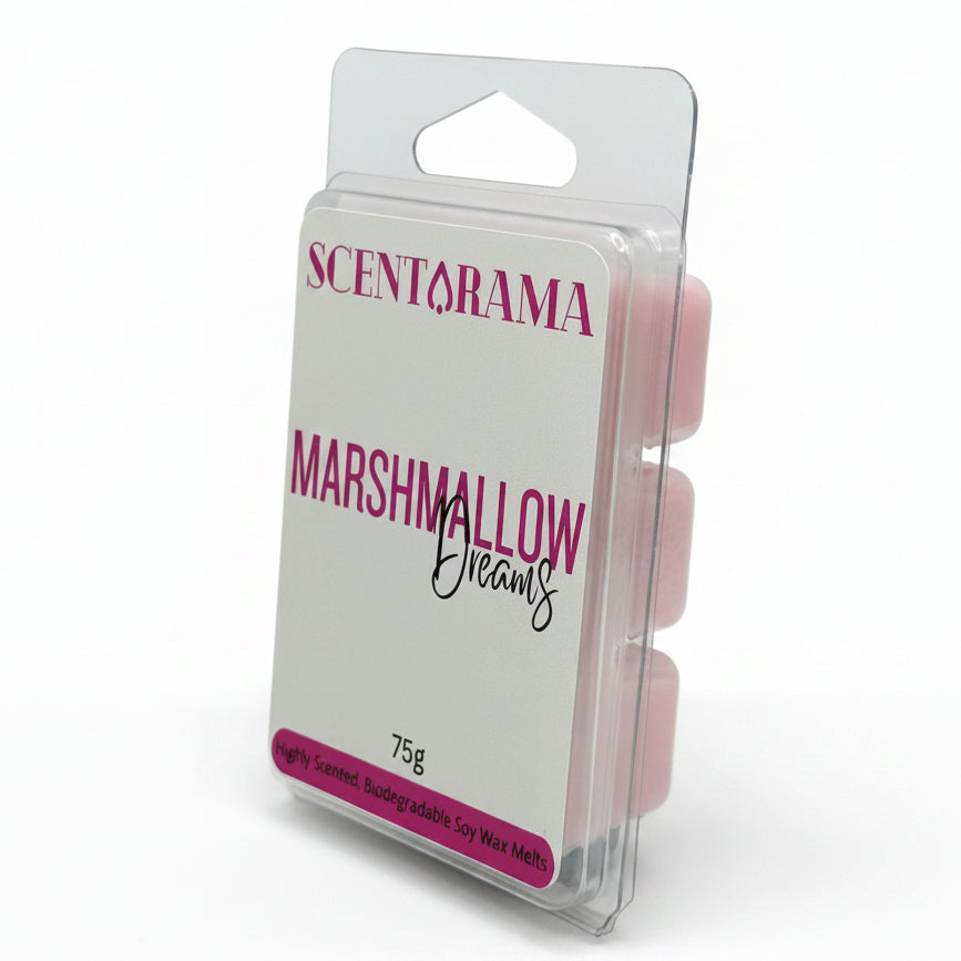 Scentarama Marshmallow Dreams wax melts in a clear plastic clamshell package with a white and magenta label, set against a plain white background.