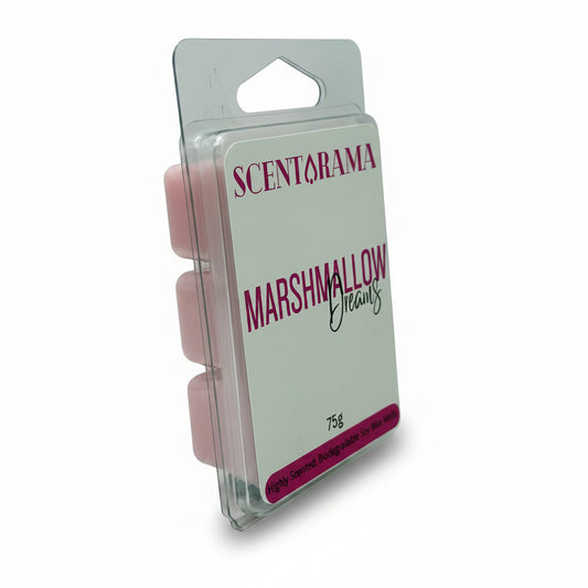 Scentarama Marshmallow Dreams wax melts in a clear plastic clamshell package with three pink wax melts visible and a white label featuring magenta and green text.