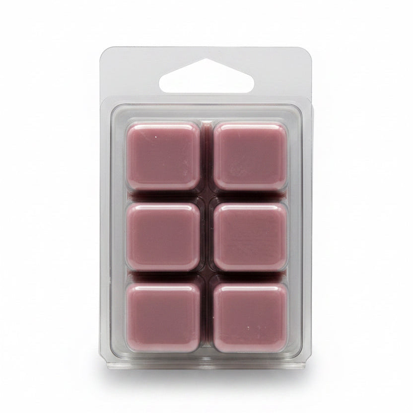 Pack of six purple wax melts in a clear plastic packaging on a light gray background