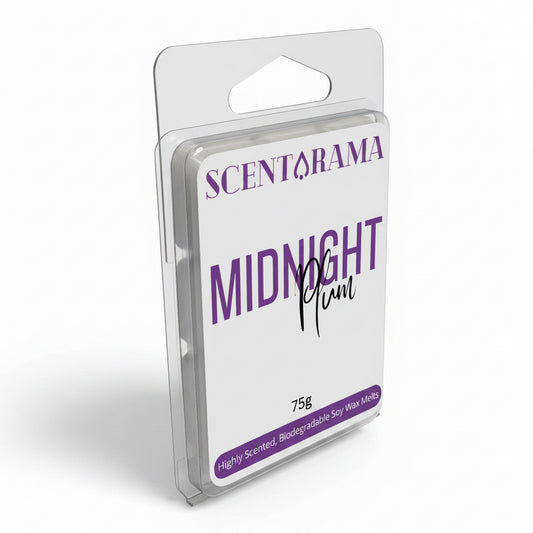 Scentarama Midnight Plum Wax Melt product packaging on a white background