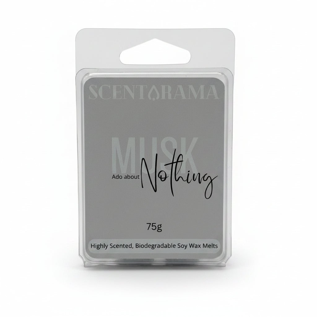 Scentorama Musk Ado About Nothing soy wax melts in a clear plastic clamshell package with a white label, photographed against a neutral light gray background.