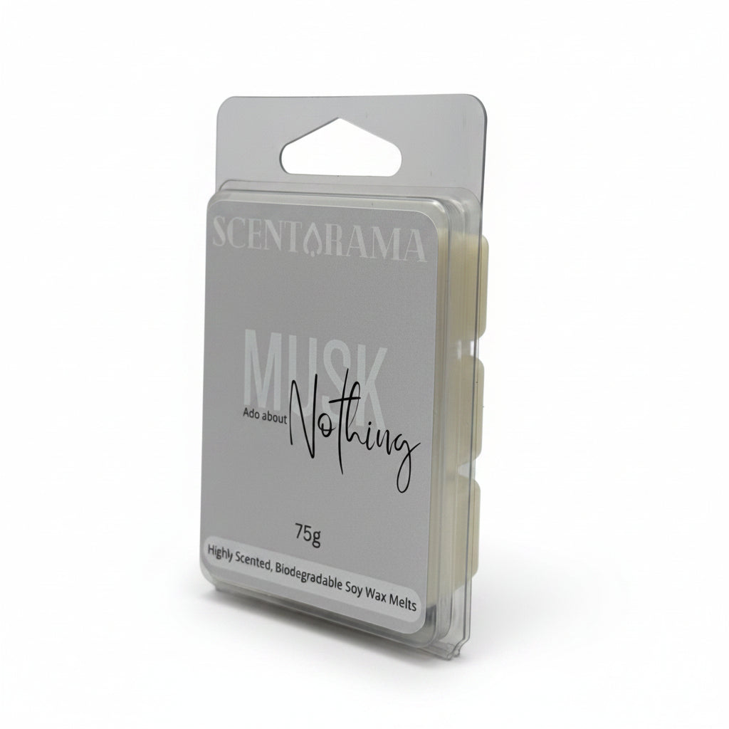 Scentarama Musk Nothing soy wax melts in a clear plastic clamshell package with a white label, photographed on a neutral light gray background.