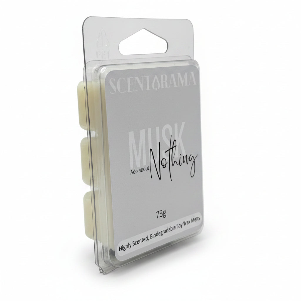 Scentarama Musk Nothing soy wax melts in a clear plastic clamshell package with three cream-colored wax pucks visible on the left side, photographed against a neutral light gray background.